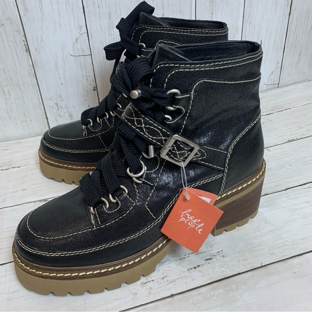 Free People Jasper Ankle Hiker Lace Up Boot Black Leather White Stitch 9.5 NWOB